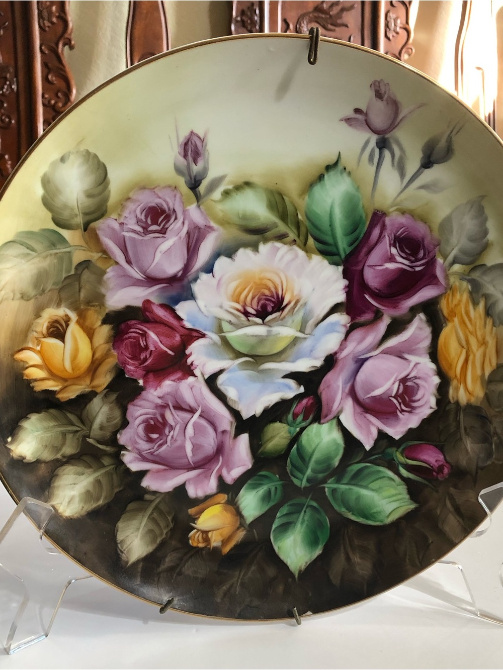 Vintage Multicolored Roses With Rosebuds And Greenery Porcelain Platter.